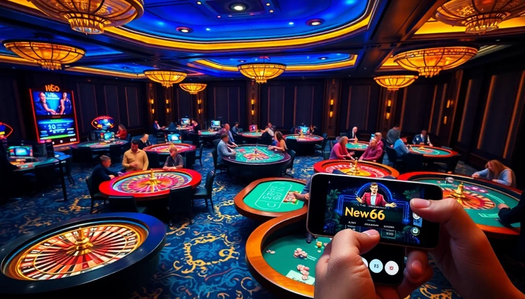 Engaging in thrilling gameplay at New 66's modern casino tables with vibrant chips and smart devices.