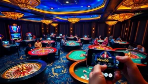 Engaging in thrilling gameplay at New 66's modern casino tables with vibrant chips and smart devices.