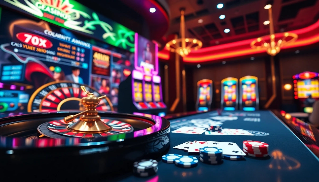 Experience the thrill of gambling with nhà cái vuabai9 in a vibrant casino scene featuring roulette and slot machines.