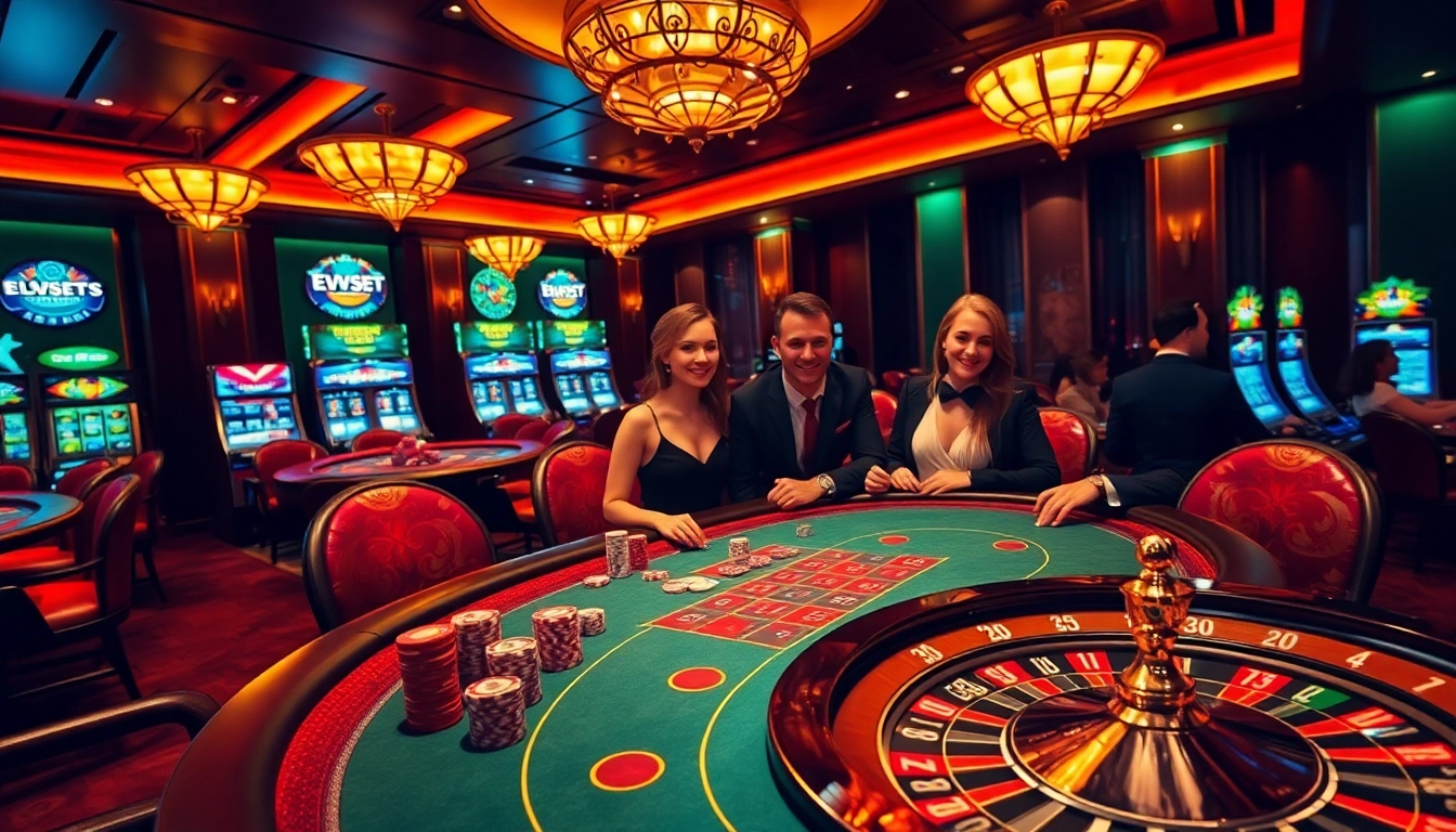 Engaging players at a luxurious table in a dynamic gambling scene on https://ev882.sa.com/ with poker chips and cards.