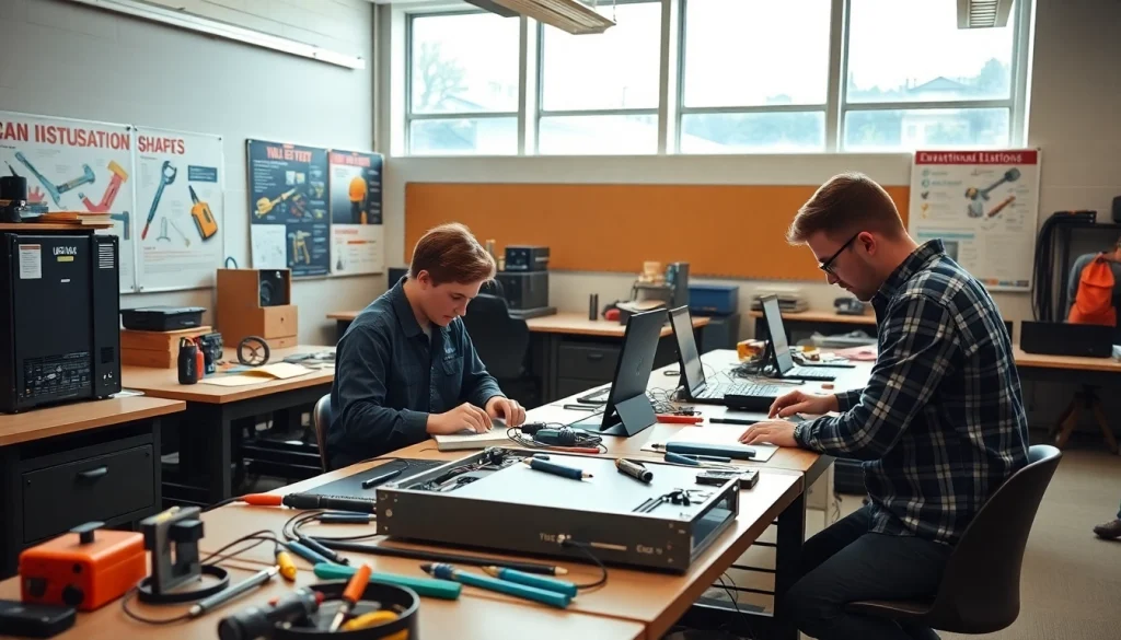 Hands-on training at a Trade School Knoxville TN focusing on electronic installation.