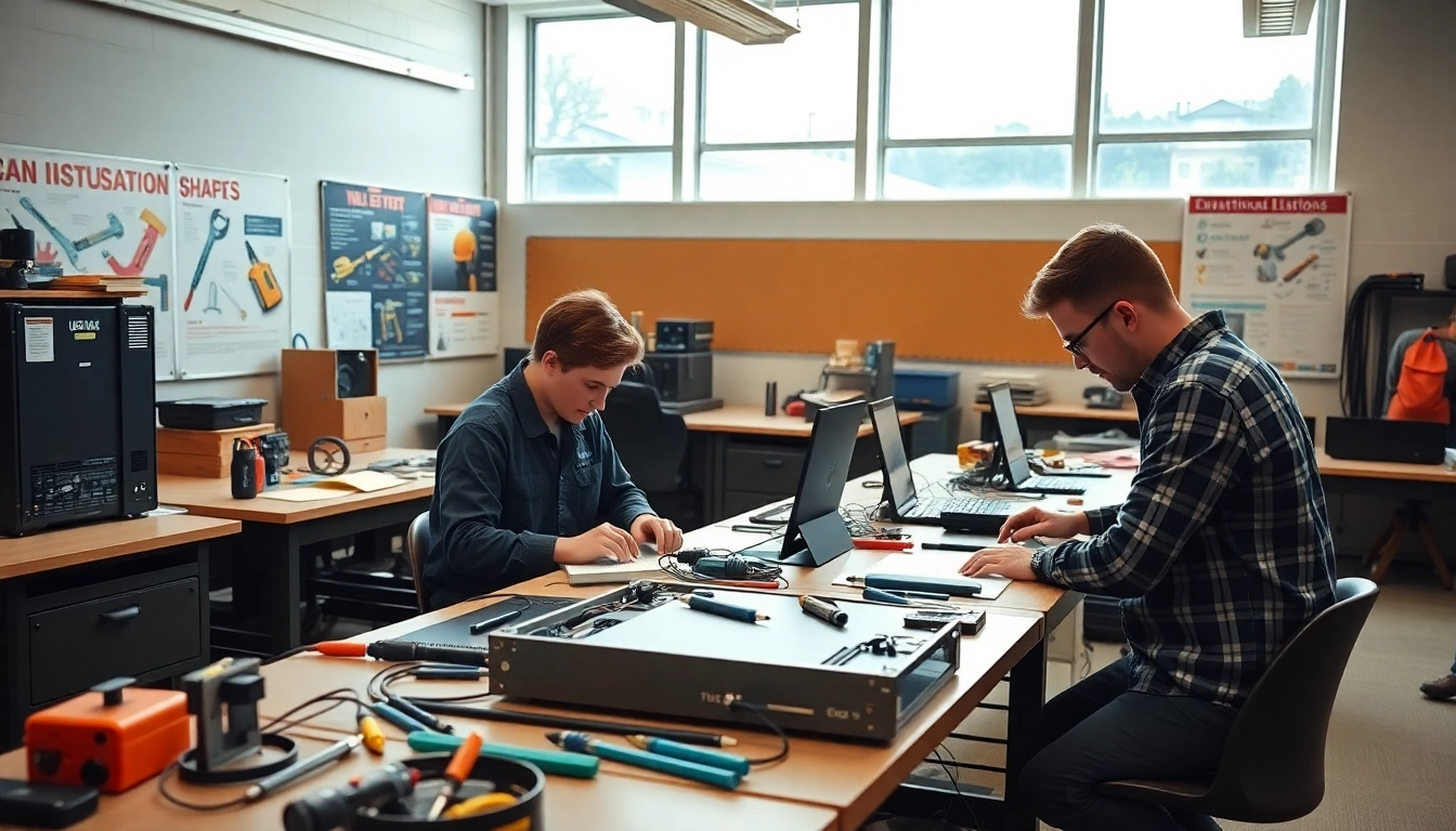 Hands-on training at a Trade School Knoxville TN focusing on electronic installation.