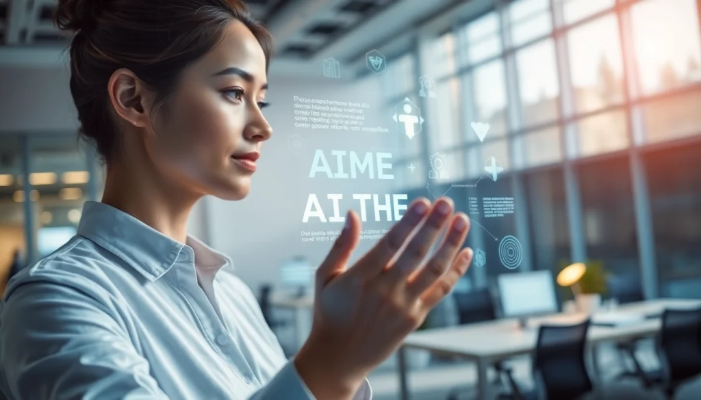 Explore Human Interface with AI through an engaging human-holographic interaction in a modern workspace.