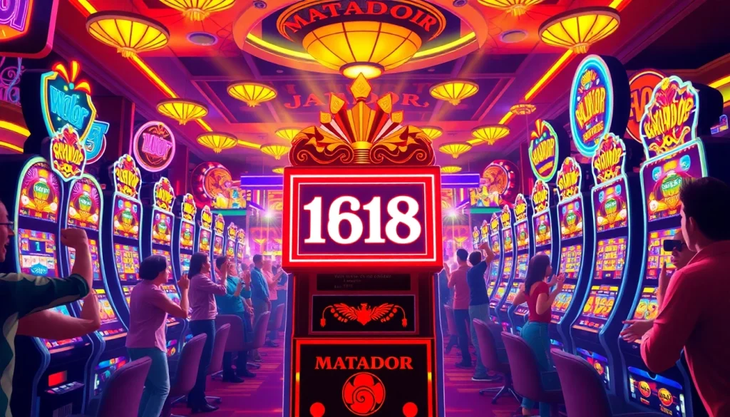 Selebrasi di depan mesin matador168 slot yang menarik di kasino dengan warna cerah.