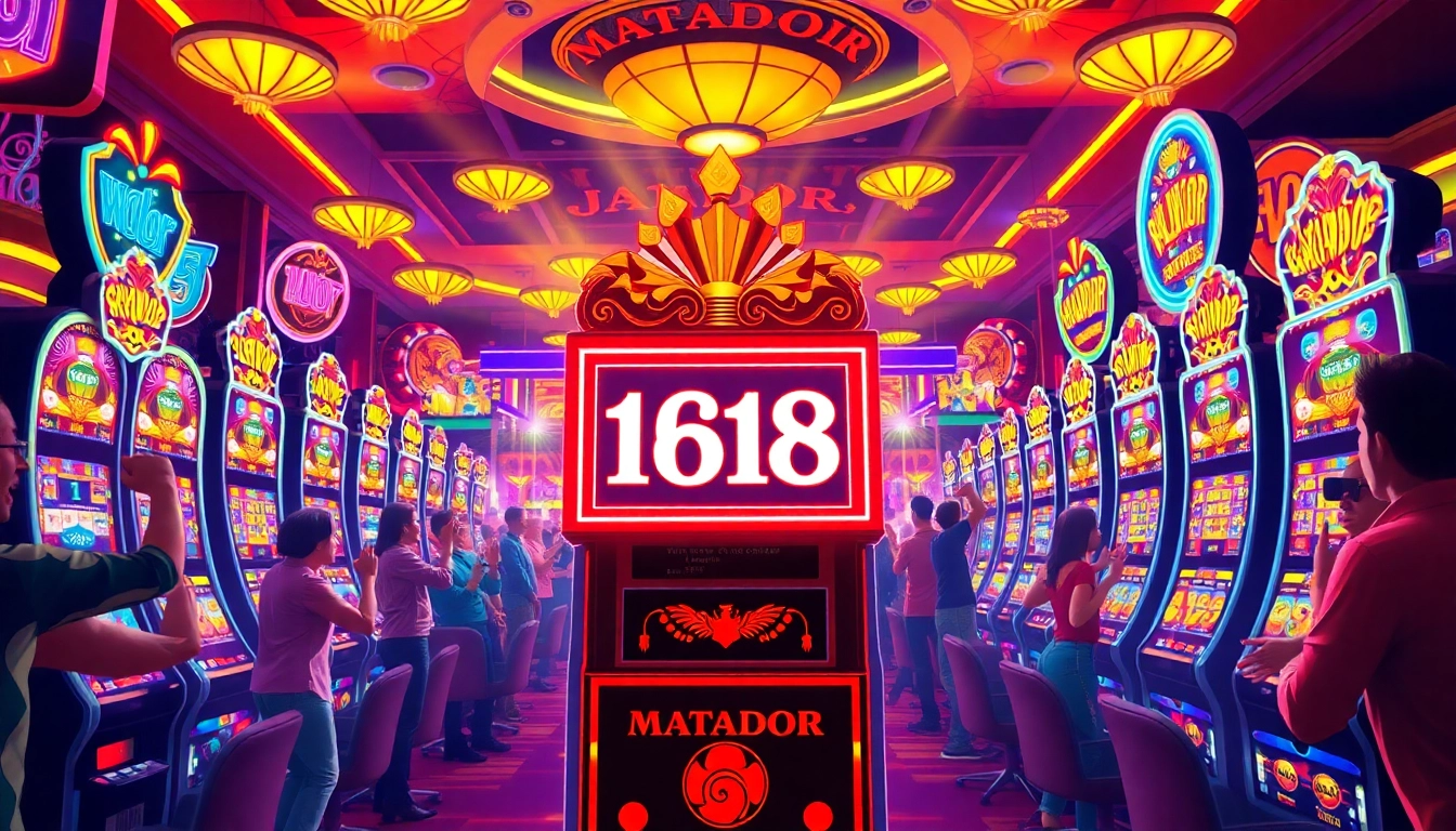 Selebrasi di depan mesin matador168 slot yang menarik di kasino dengan warna cerah.