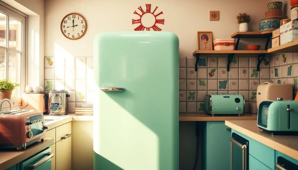 Showcasing retro appliances in a vibrant kitchen featuring a mint green refrigerator and classic decor.