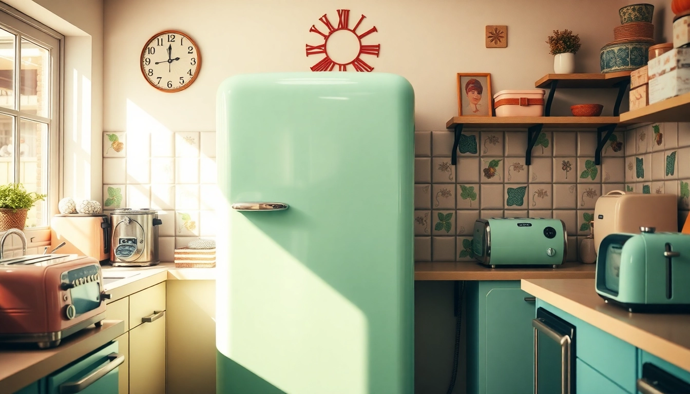 Showcasing retro appliances in a vibrant kitchen featuring a mint green refrigerator and classic decor.