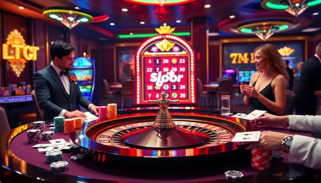 Play exciting Slot Gacor games at beautifully designed casino tables with vibrant chips and joyful players.