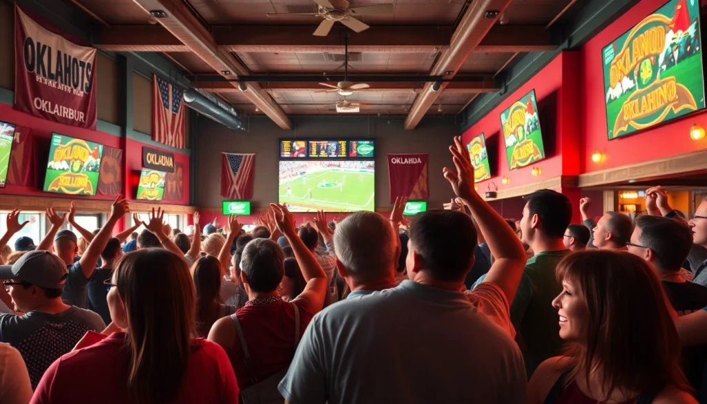 Engaged fans celebrating at a sports bar, illustrating the anticipation of sports betting Oklahoma.