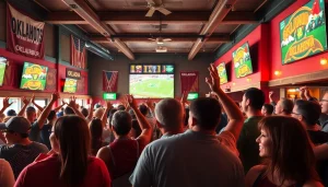 Engaged fans celebrating at a sports bar, illustrating the anticipation of sports betting Oklahoma.