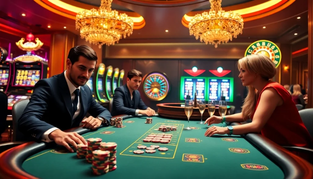 Engage in high-stakes action at https://rr88.wales/ with this vibrant casino scene showcasing poker and slot machines.