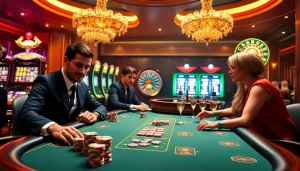 Engage in high-stakes action at https://rr88.wales/ with this vibrant casino scene showcasing poker and slot machines.