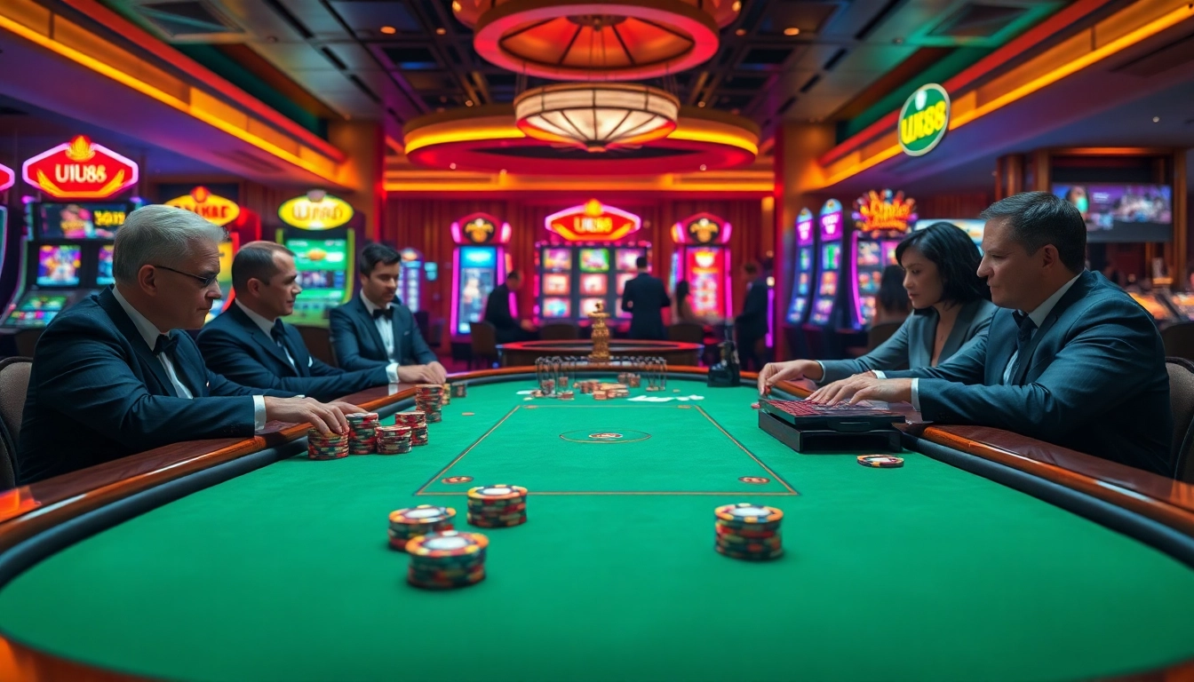 Experience thrilling gameplay at UU88's luxurious casino with poker tables and vibrant slot machines.