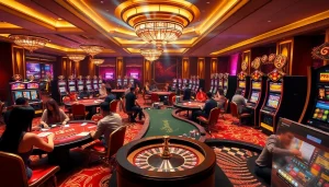 Kuwin casino scene showcasing players winning at poker and slot machines in a luxurious setting.