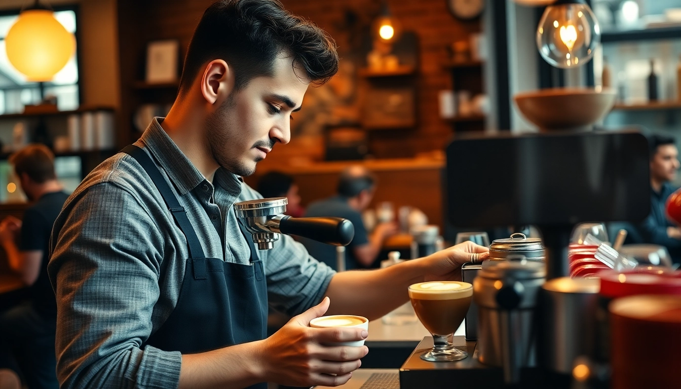 Association coffee shop Madrid with inviting atmosphere and skilled barista preparing coffee.