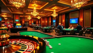 Experience the thrill of GO8 gaming at an upscale casino with vibrant tables and joyous players.