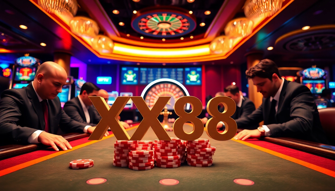 High-stakes poker action at XX88 casino with vibrant slot machines and roulette.