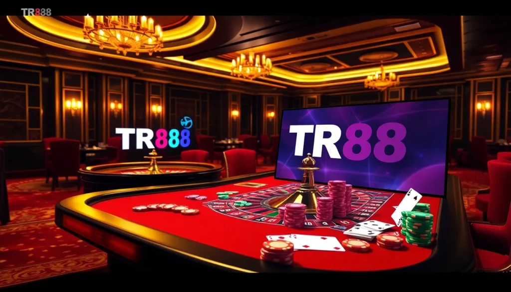 Experience thrilling gameplay at a casino table featuring TR88 poker chips and vibrant gaming elements.