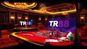 Experience thrilling gameplay at a casino table featuring TR88 poker chips and vibrant gaming elements.