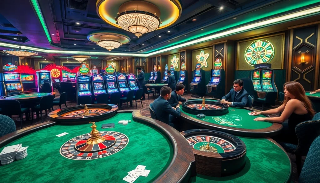 RR88 casino scene showcasing vibrant slot machines and elegant gaming tables.