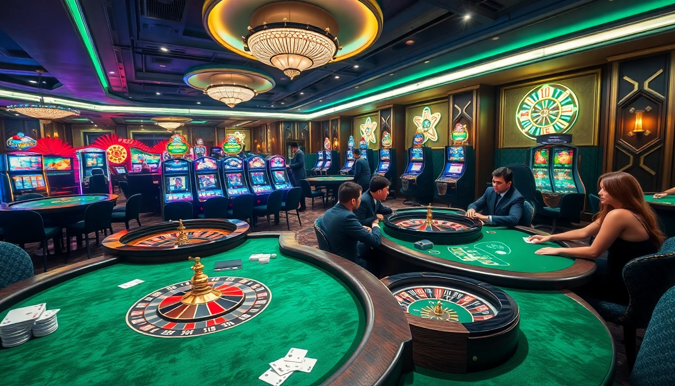 RR88 casino scene showcasing vibrant slot machines and elegant gaming tables.