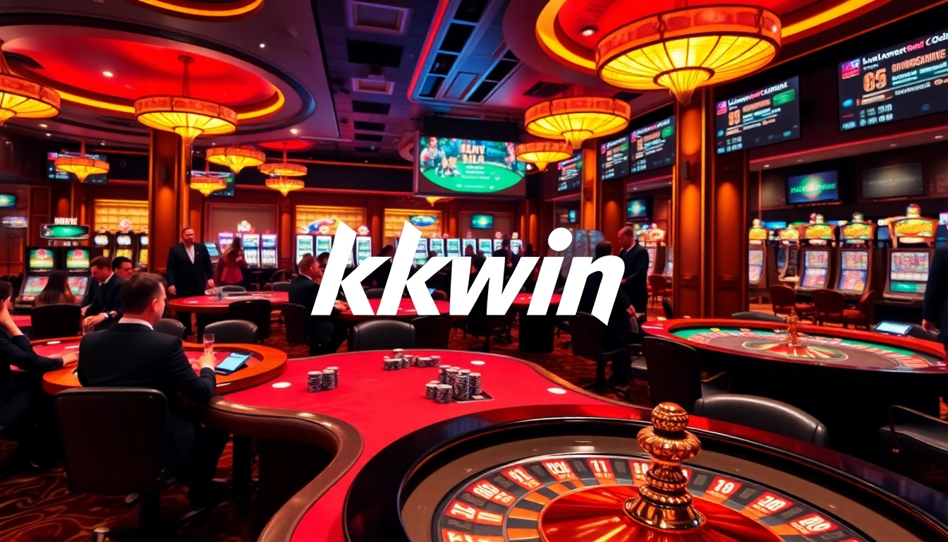 Kkwin casino experience with vibrant poker tables, roulette wheels, and thrilling slot machines.