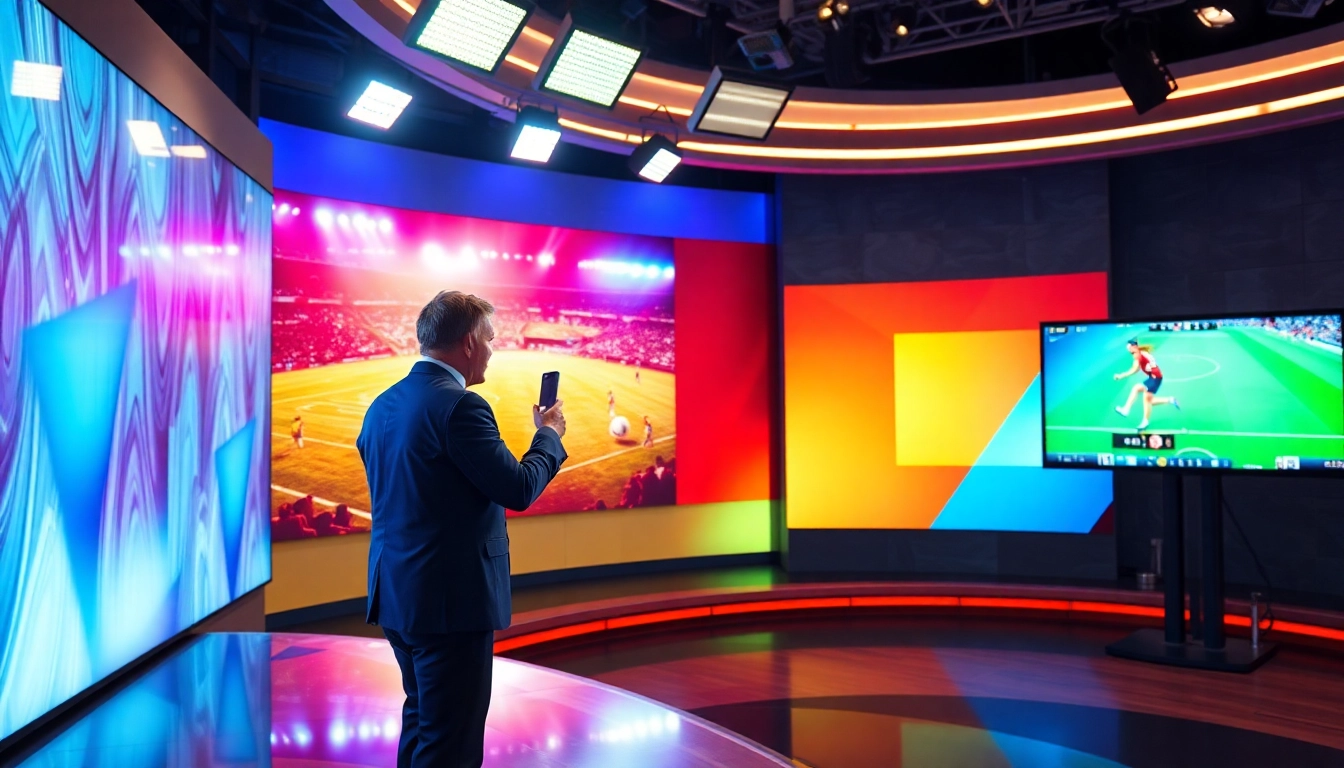 Presenter engaging viewers in a vibrant sports broadcasting studio, featuring dynamic visuals.