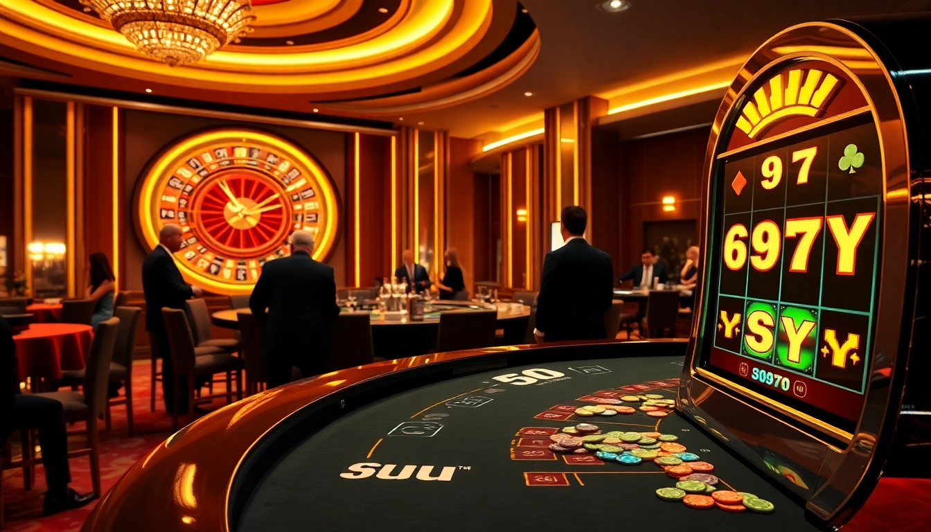 Sinta a emoção do 69Y em um cassino de luxo, com mesas de pôquer e caça-níqueis vibrantes.