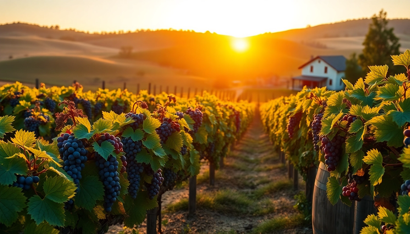 Experience the beauty of Clarksburg wineries with ripe grapes and a scenic vineyard at sunset.