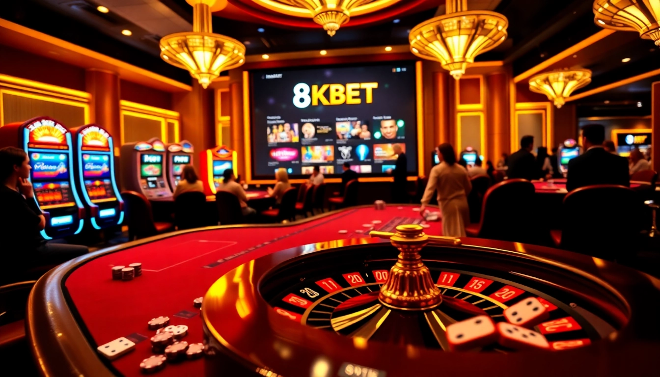 Experience excitement at 8KBET with players enjoying poker and vibrant slot machines.