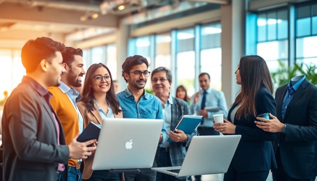 Networking scene in a sales talent marketplace showcasing diverse sales representatives collaborating and discussing opportunities.