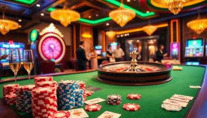 Experience the thrill of gambling with 58win's luxurious casino setting featuring poker chips and a roulette wheel.