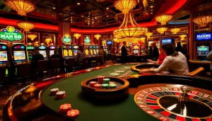 Man88 gaming table with poker chips and a roulette wheel, showcasing an engaging casino atmosphere.