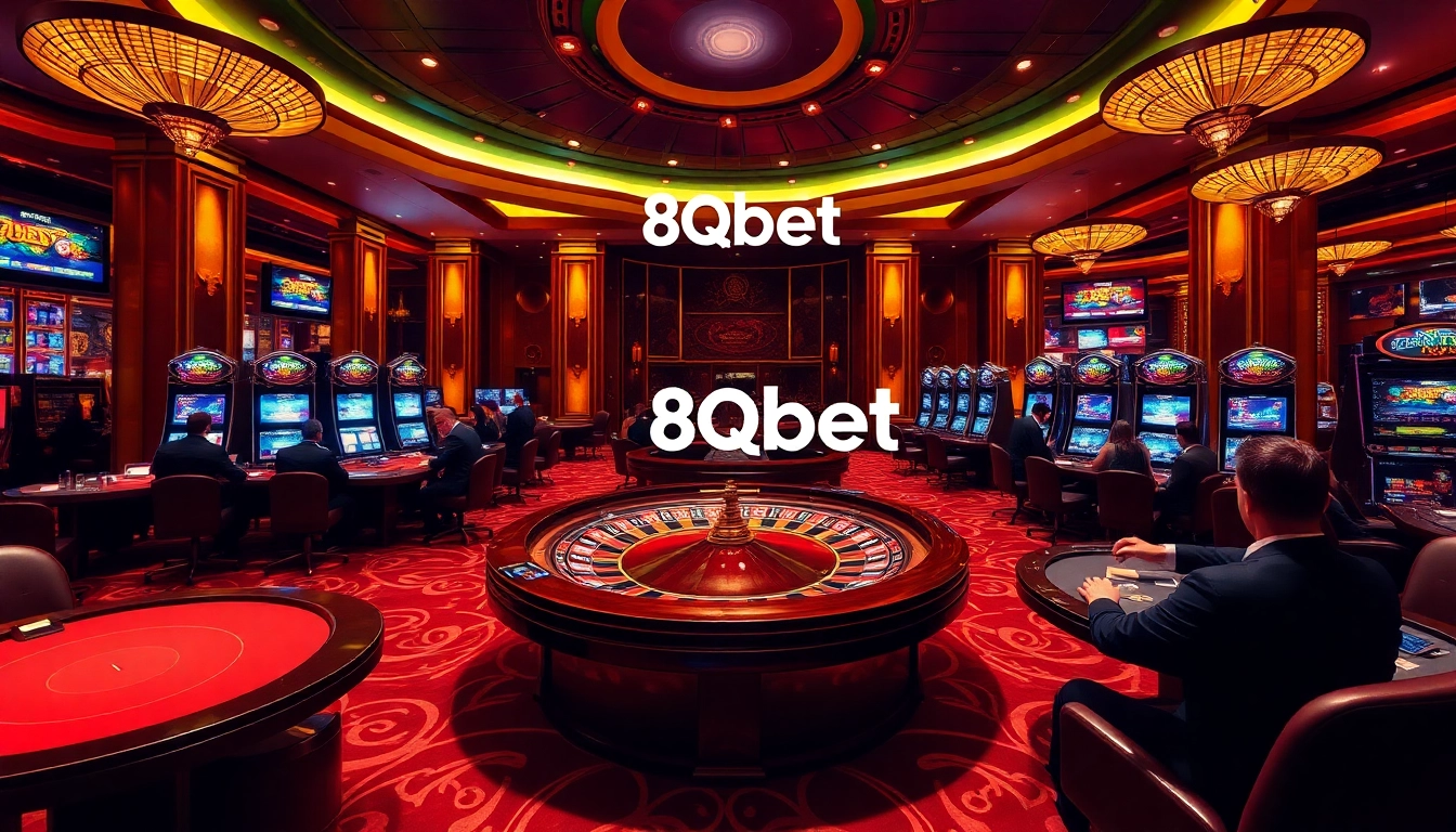 Experience the thrill of 8qbet in a luxurious casino atmosphere with poker tables, roulette wheel, and slot machines.