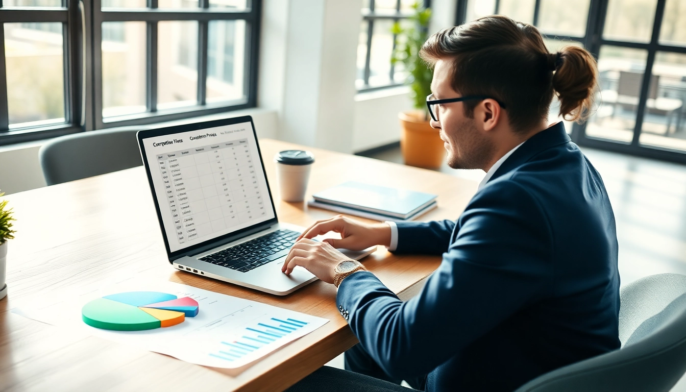 Analyze competitor pricing data with insights in a modern office.