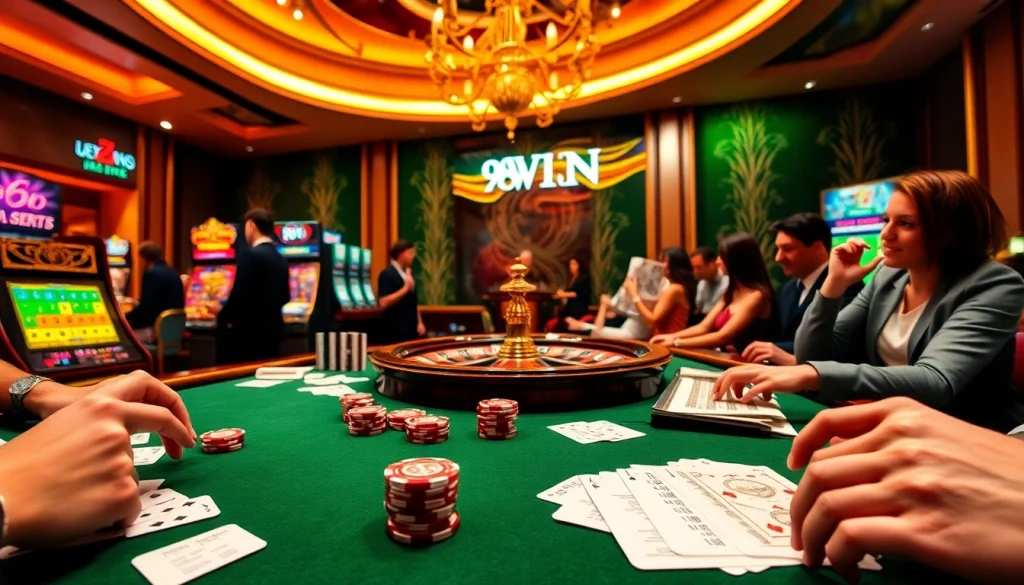 Experience the thrill of casino gaming at 98WIN with vibrant poker chips and elegant tables.