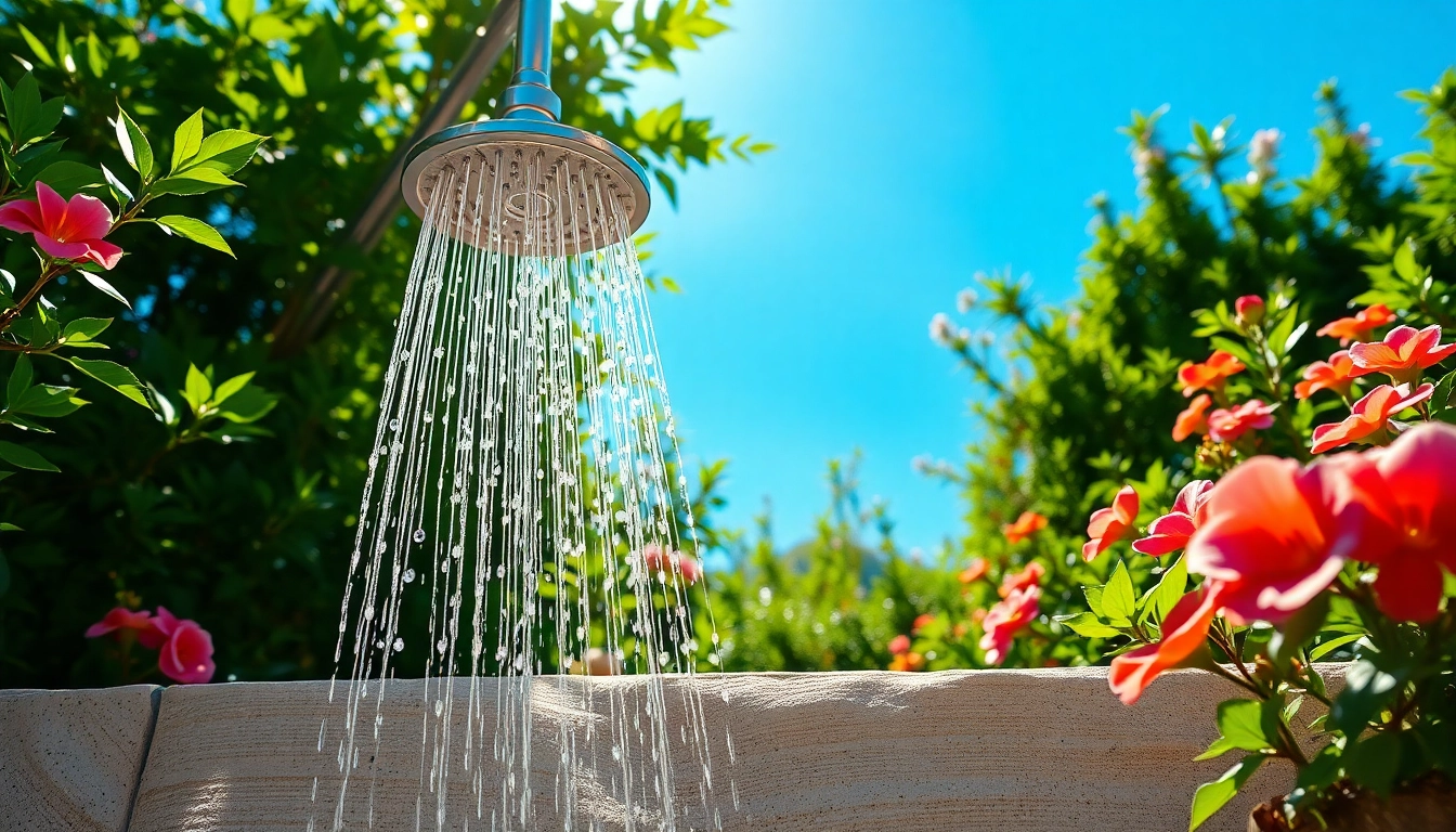 Enjoy a refreshing sunny shower in a lush garden setting with modern design elements.