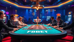 Experience F8BET's thrilling poker action in an upscale casino scene.