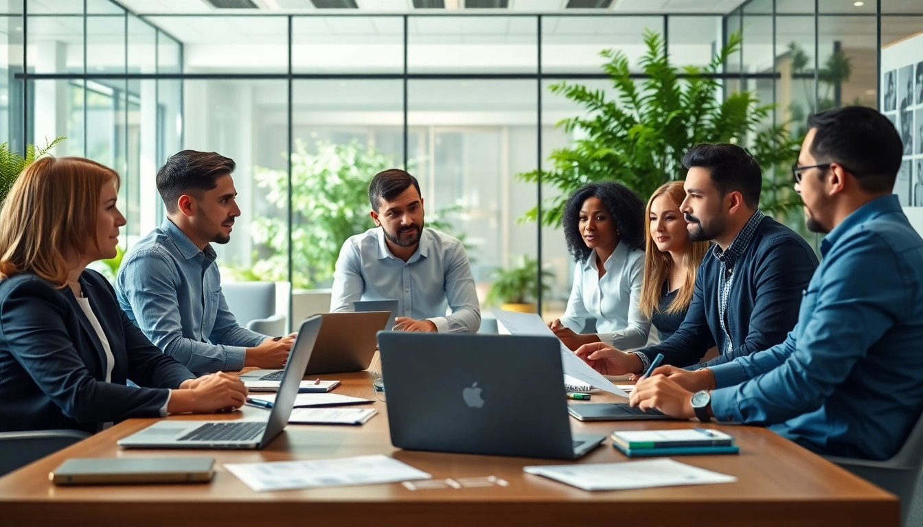 Showcasing an extended warranty company team collaborating in a modern office setting