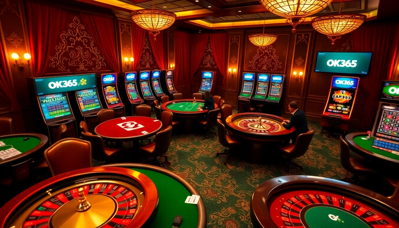 Experience thrilling gaming action at OK365 with vibrant tables and sophisticated casino decor.