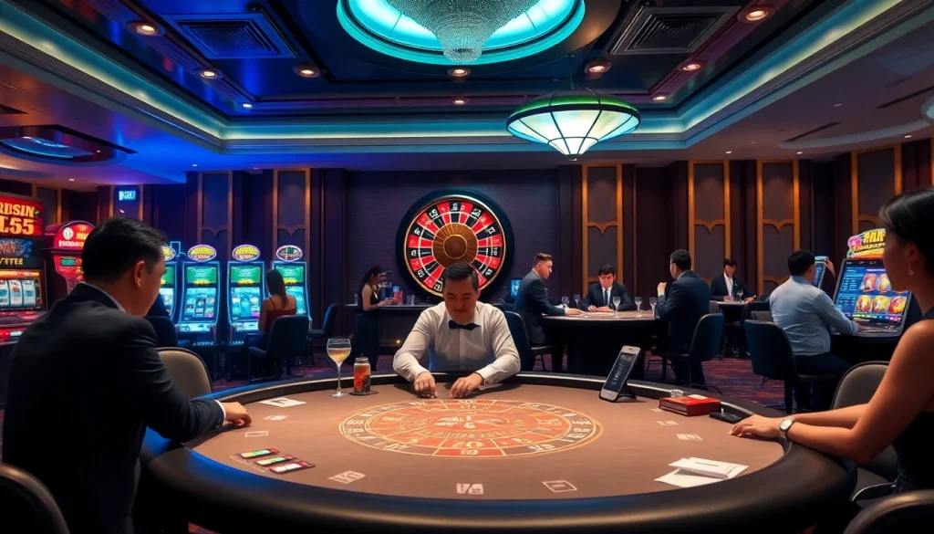 Experience the thrill of rr88com at an elegant casino with dynamic gaming tables and vibrant slot machines.