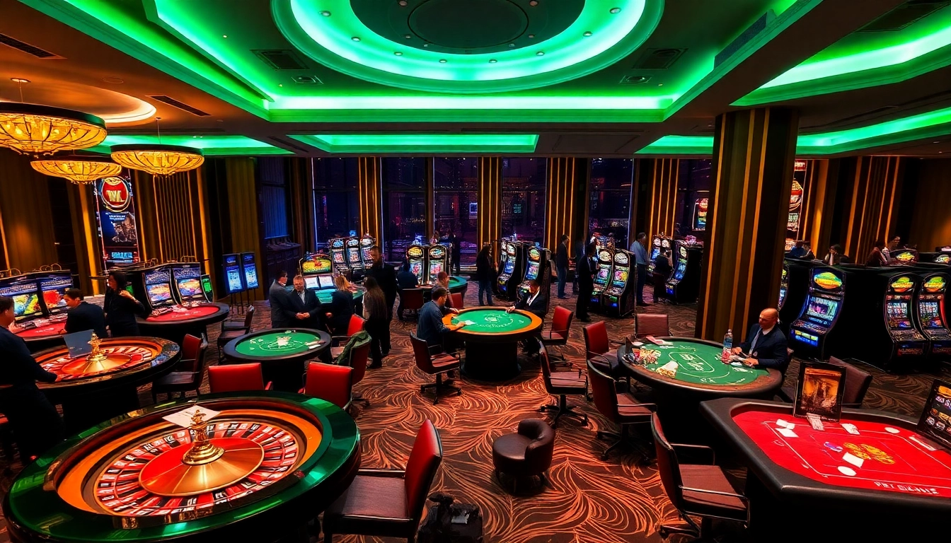 Exciting gaming atmosphere at Nhà cái Vin88 featuring casino tables and vibrant slot machines.