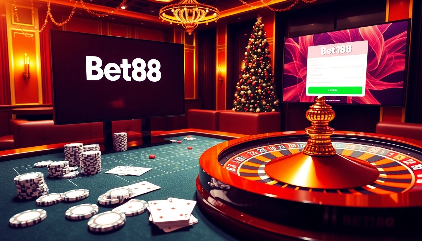 Experience the excitement of Bet88 đăng nhập with an elegant casino scene showcasing vibrant games and a luxurious atmosphere.