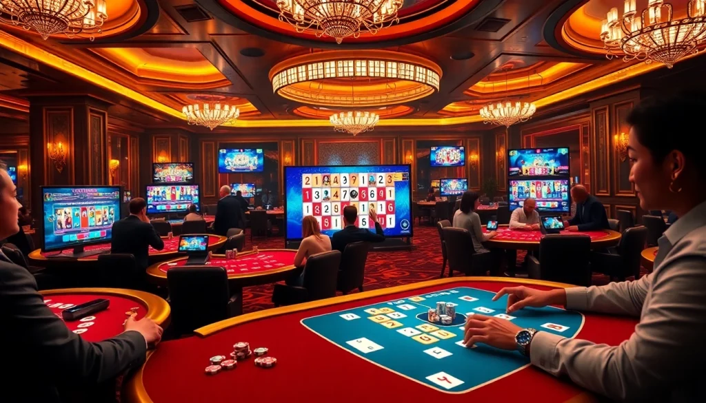 Engage in רמיקוב אונליין in a beautiful casino setting with vibrant gaming tiles and exciting atmosphere.
