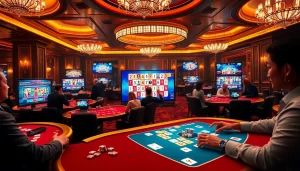 Engage in רמיקוב אונליין in a beautiful casino setting with vibrant gaming tiles and exciting atmosphere.