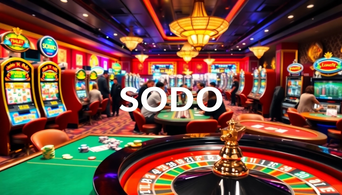 SODO casino scene with vibrant slot machines, poker tables, and excited gamblers celebrating wins.