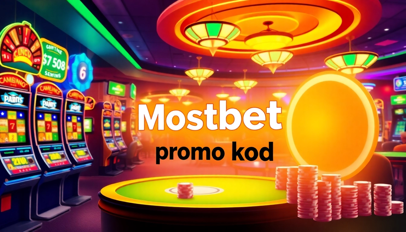 Mostbet promo kod ilə dolu kazino atmosferində parlayan slot maşınları görünür.