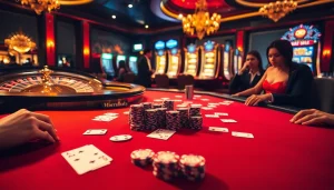 Experience high-stakes poker with onicplay in a luxurious casino setting, featuring a vibrant poker table and excited players.