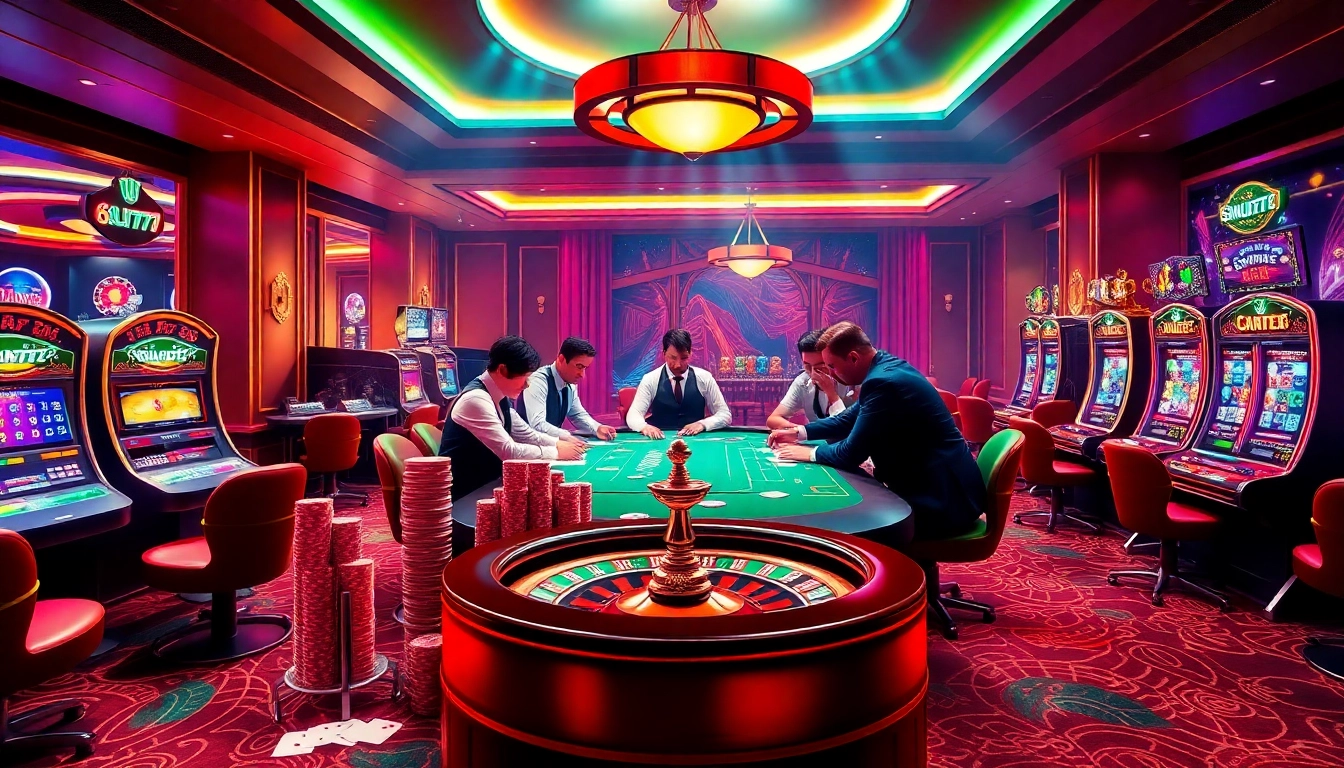 Experience thrilling gameplay at 6L777 with an exciting casino scene showcasing poker and roulette.
