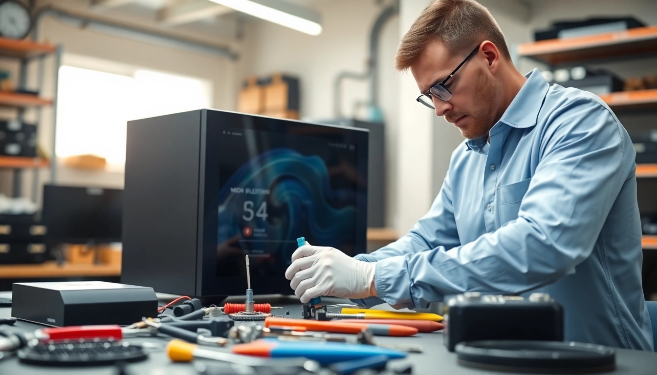 Technician maintaining das 140 device in a modern workshop with precision tools.